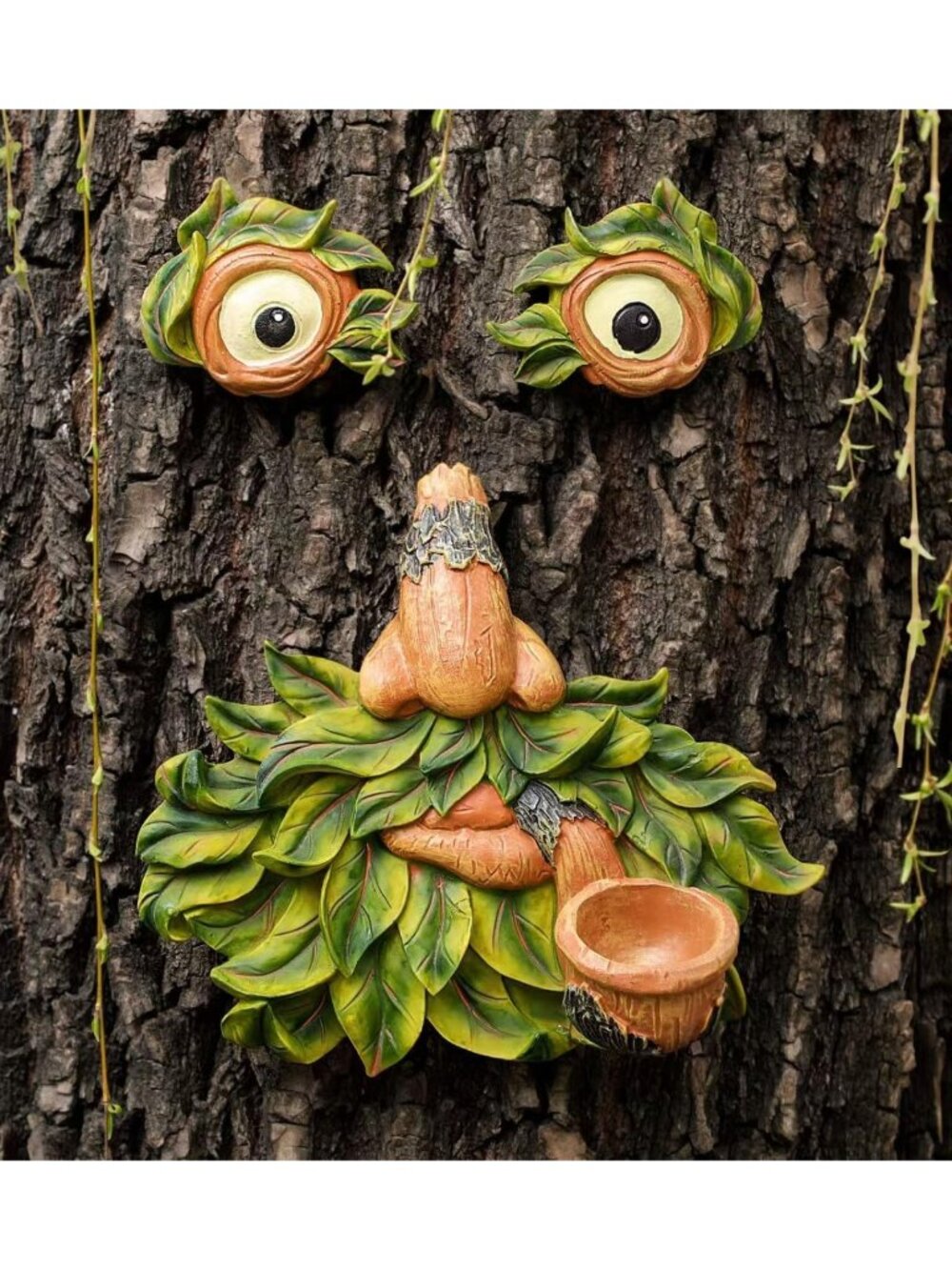 Whimsical Tree Face Decor with Bird Feeder - Funny Outdoor Garden Art (8 Inch)